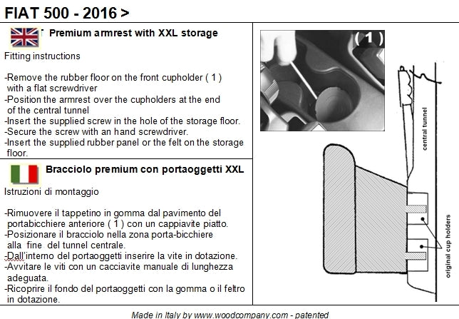 Fiat 500 (restyling from 2015>) - PREMIUM adjustable armrest with storage