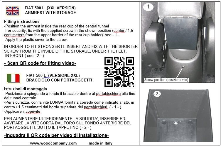 Fiat 500L (2012-05/2017)- bracciolo regolabile in lunghezza con portaoggetti - montaggio ad incastro