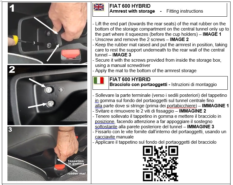 Fiat 600 Hybrid - bracciolo regolabile in lunghezza con portaoggetti - montaggio in punti originali