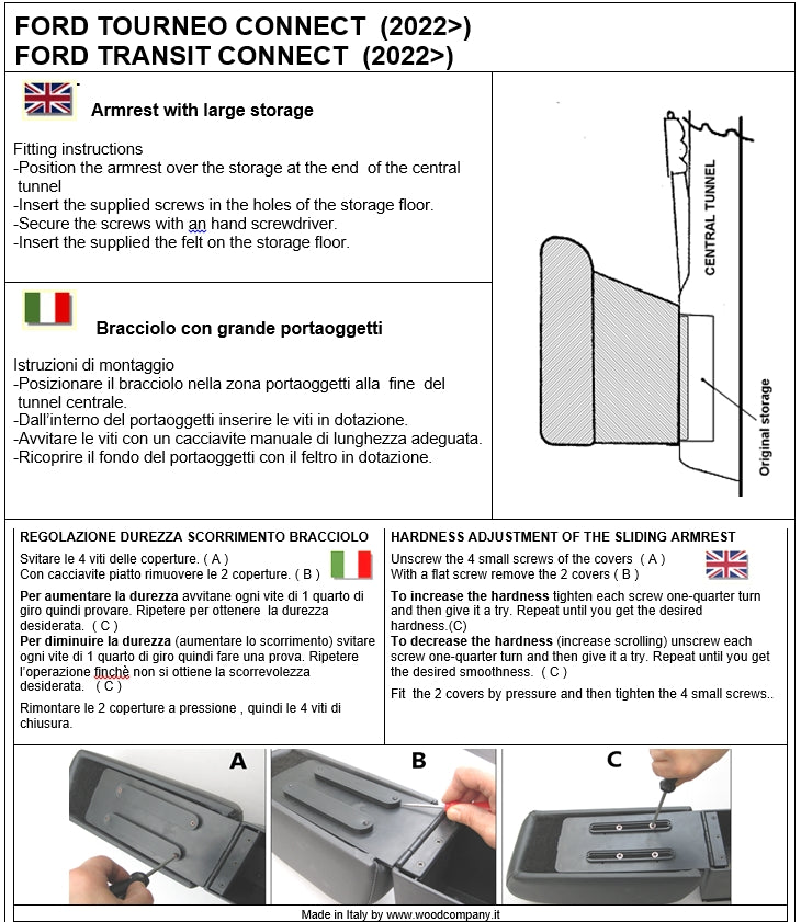 Ford Tourneo Connect (from 2024) - adjustable armrest with storage - invisibile fitting