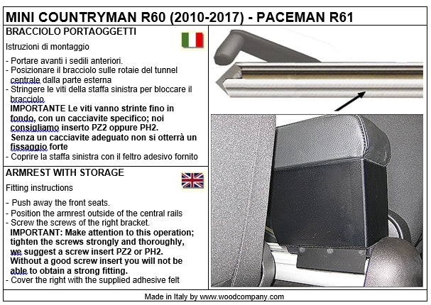 Mini Countryman R60 (2010-2017) - adjustable armrest with storage - invisibile fitting