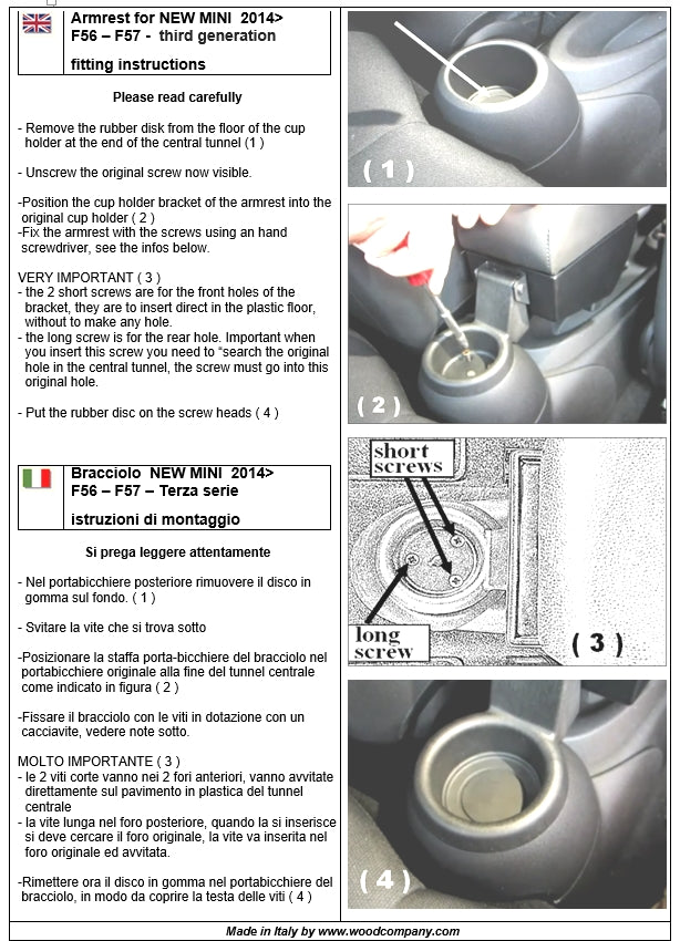 Mini F56 e F57 (dal 2014 in avanti) - bracciolo regolabile in lunghezza con portaoggetti - montaggio invisibile