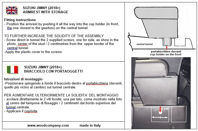 Suzuki Jimny (from 2018) - adjustable in length armrest with storage - PLUG-IN fitting