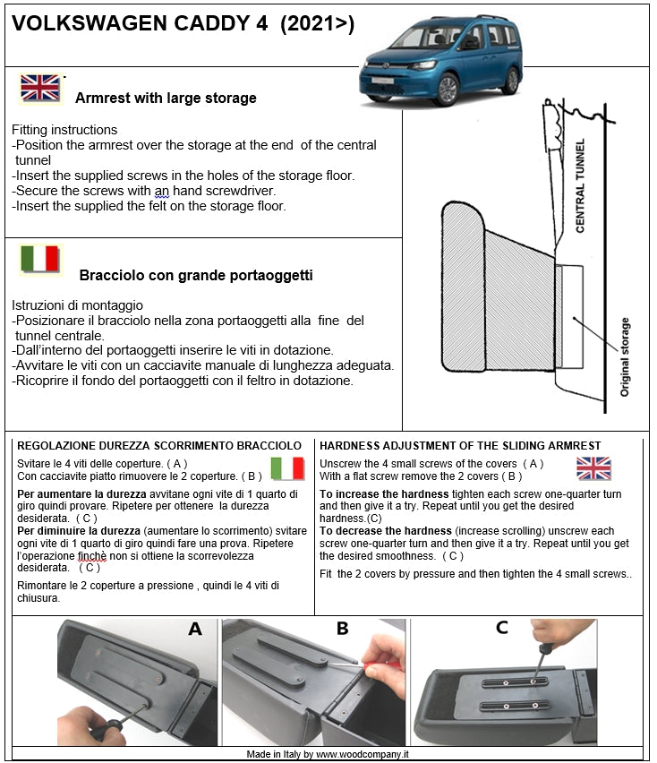 Volkswagen Caddy (dal 2021 in avanti) - bracciolo regolabile in lunghezza con portaoggetti - montaggio invisibile
