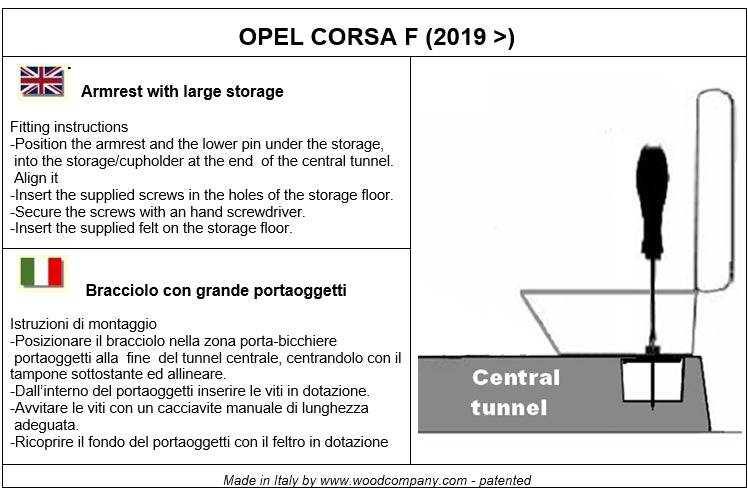 Opel Corsa F (from 2019) - adjustable armrest with storage - invisibile fitting