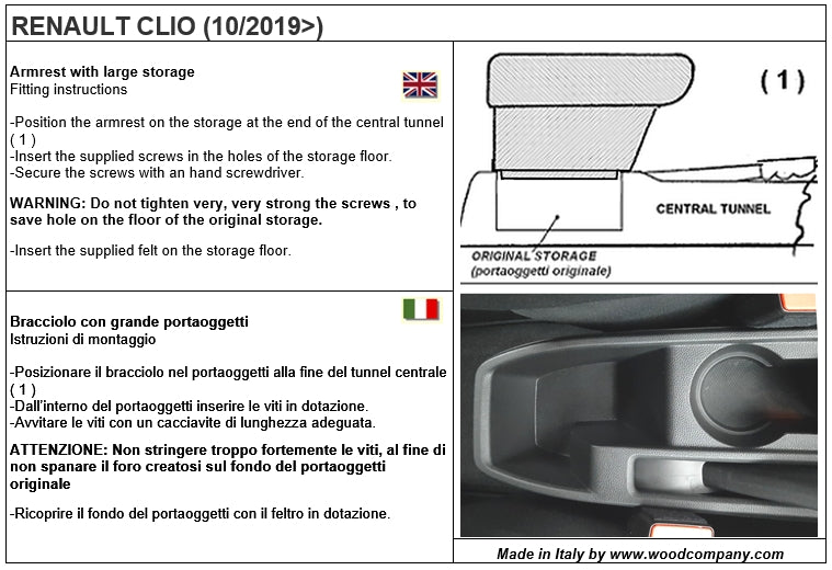 Renault Clio 5° series (from 2019) - adjustable armrest with storage - invisibile fitting