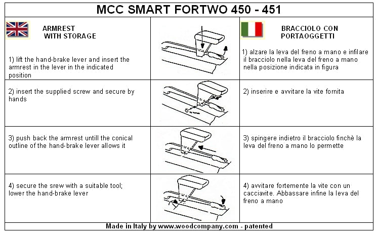 Smart ForTwo 450-451 (2007-2014) - accoudoir réglable en longueur avec porte-objet - assemblage invisible