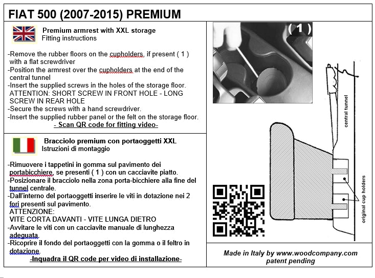 Fiat 500 (2007-2015) con sedili Sabelt - bracciolo mod. PREMIUM regolabile in lunghezza con portaoggetti