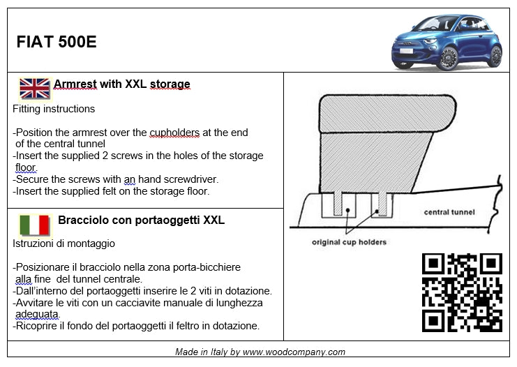 Fiat 500E elettrica - bracciolo regolabile in lunghezza con portaoggetti