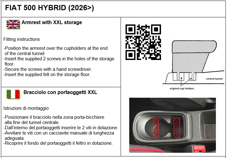 Fiat 500 Hybrid (dal 2026)  - bracciolo regolabile in lunghezza con portaoggetti