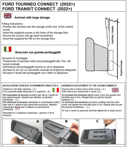Ford Tourneo Connect (dal 2024 in avanti) - bracciolo regolabile in lunghezza con portaoggetti - montaggio invisibile