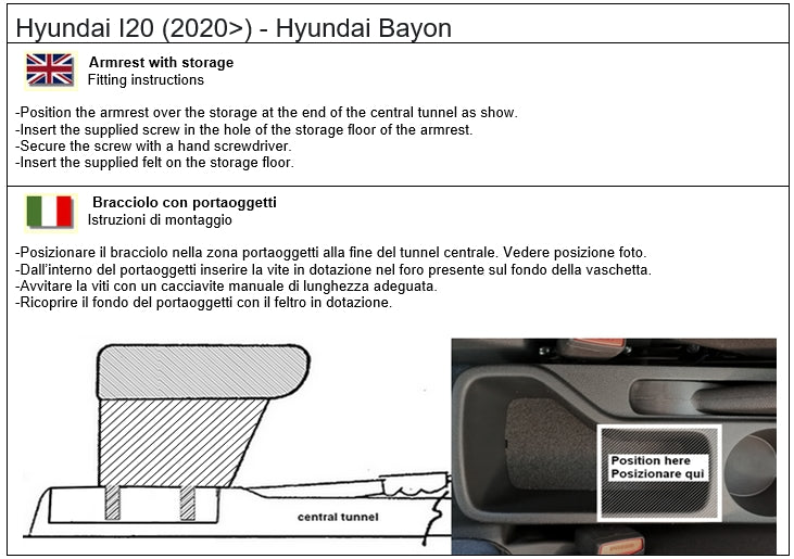 Hyundai i20 (depuis 2020) 3 série - accoudoir réglable en longueur avec porte-objet