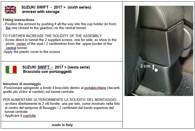 Suzuki Swift (dal 2017 in avanti) VI serie - bracciolo regolabile in lunghezza con portaoggetti